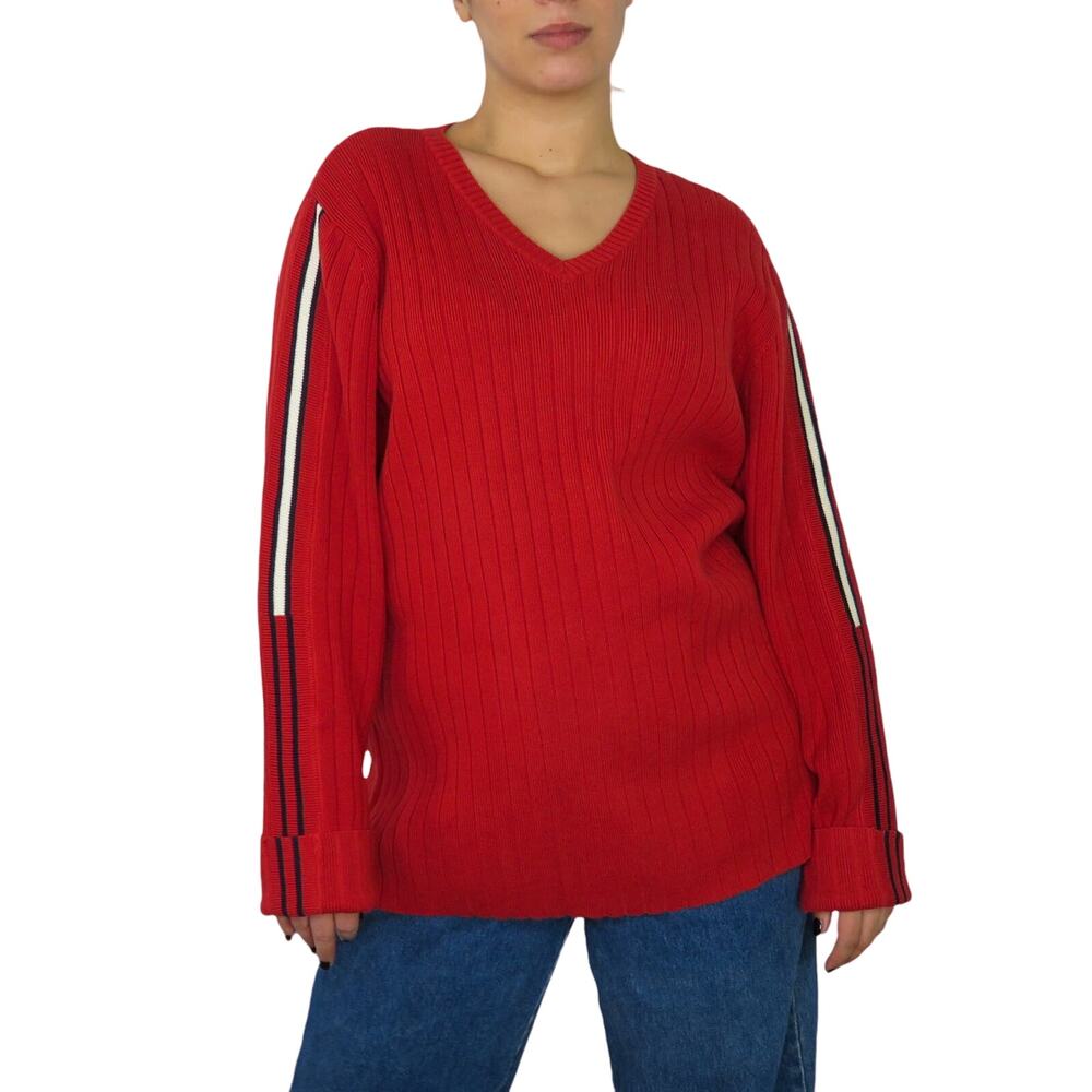 1990s Vintage Tommy Hilfiger Sweater Red V-Neck Preppy Chunky Knit Sweater 2XL - Picture 2 of 5